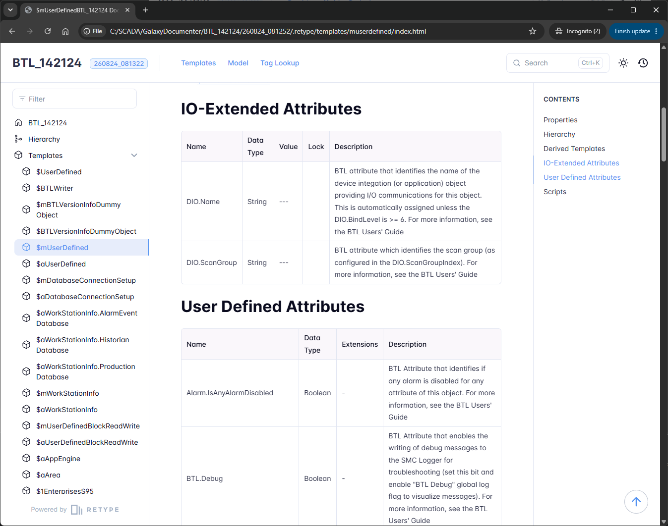Tables of IO-extended attributes and user defined attributes, each with name, data type, value, lock state and description