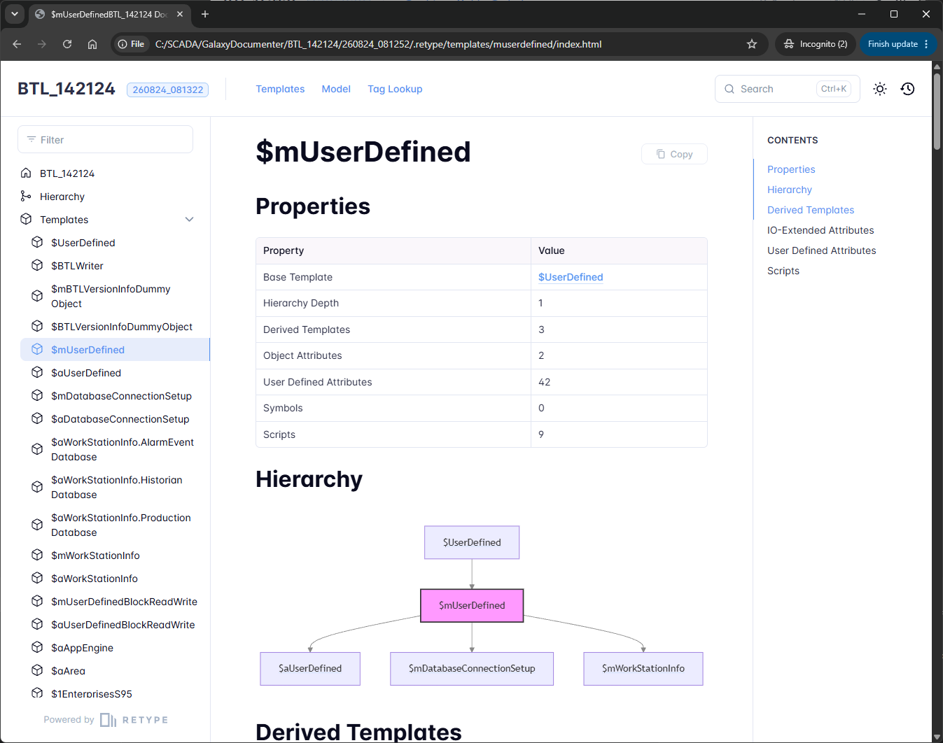 A GalaxyDocumenter template page showing the properties table for a template and a derivation diagram of the template it came from and the three derived from it
