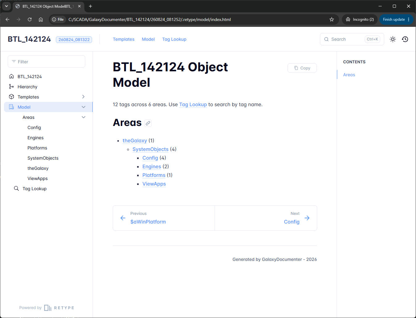 The object model page showing the area tree with a tag count beside each area, and the same areas listed in the sidebar