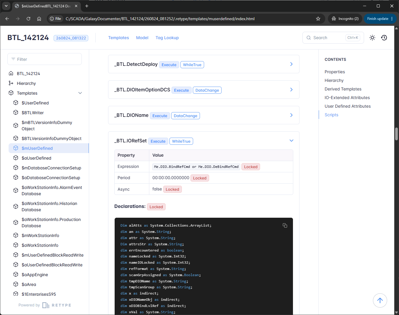 A template page listing scripts with their trigger types, one expanded to show its expression, period, locked state and the declarations code