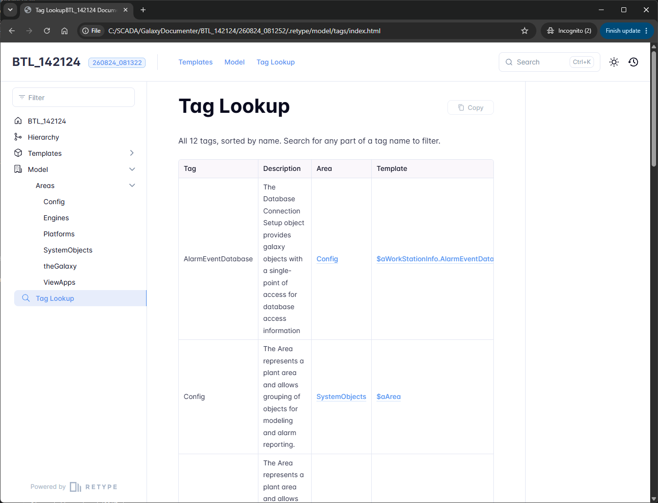 The Tag Lookup table listing tags with their description, area and template, area and template linked