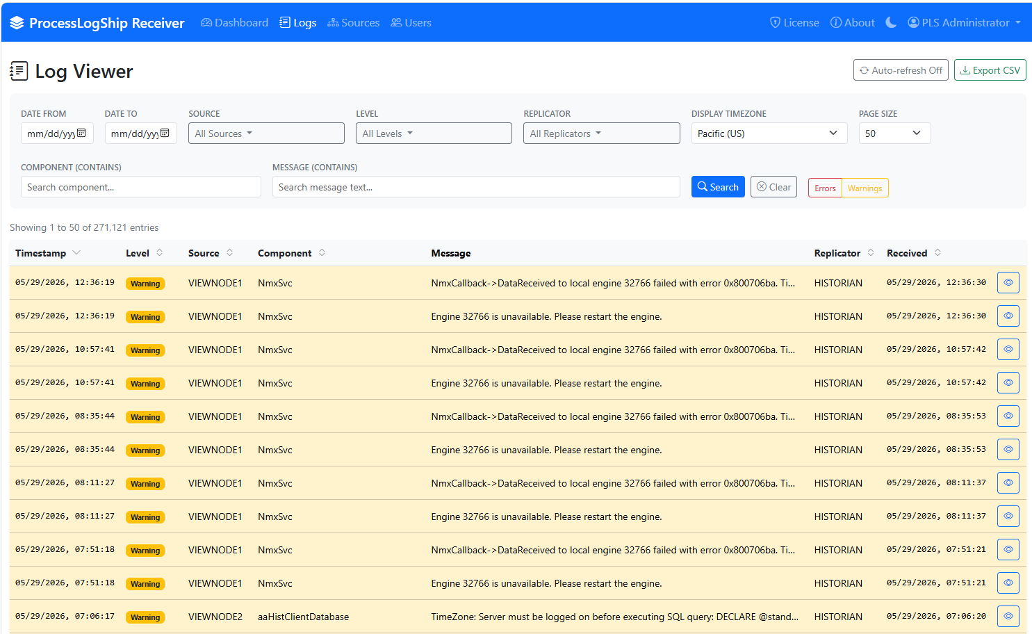 Process LogShip Receiver log viewer, filtered across sources and replicators, showing warning entries from several AVEVA nodes